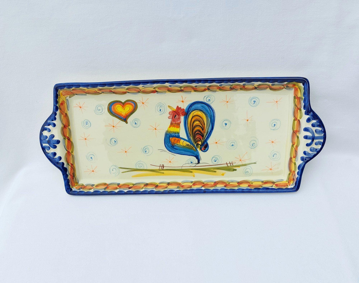 Hand-Painted Portuguese Ceramic Tray with Rooster Motif
