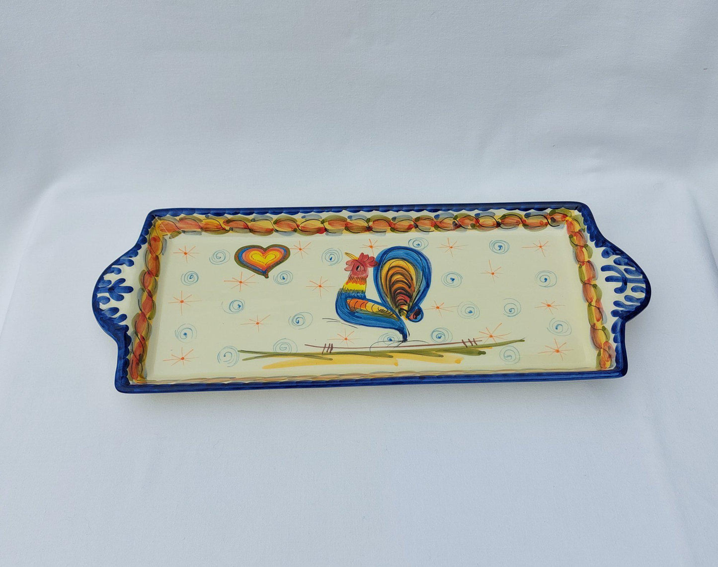Hand-Painted Portuguese Ceramic Tray with Rooster Motif