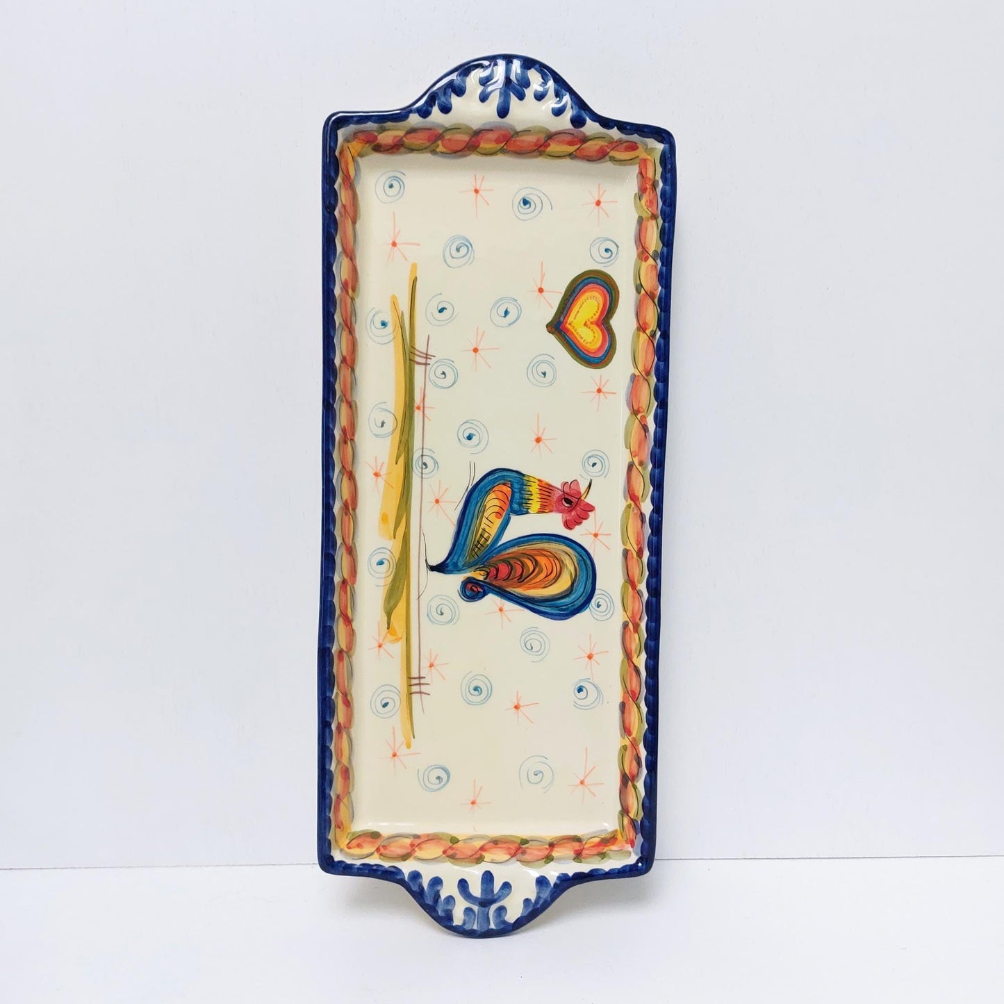 Hand-Painted Portuguese Ceramic Tray with Rooster Motif