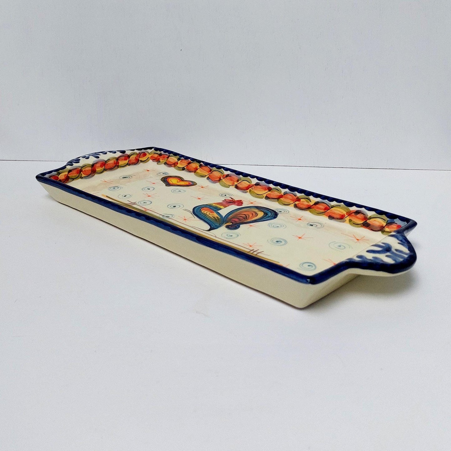 Hand-Painted Portuguese Ceramic Tray with Rooster Motif