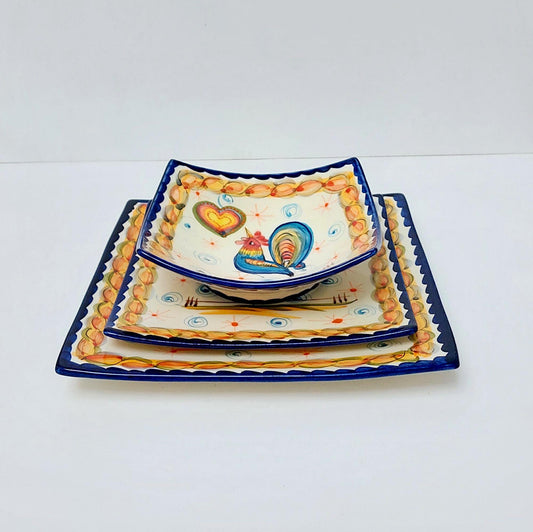 Hand-Painted Portuguese Ceramic Plate Set, Rooster and Hearts