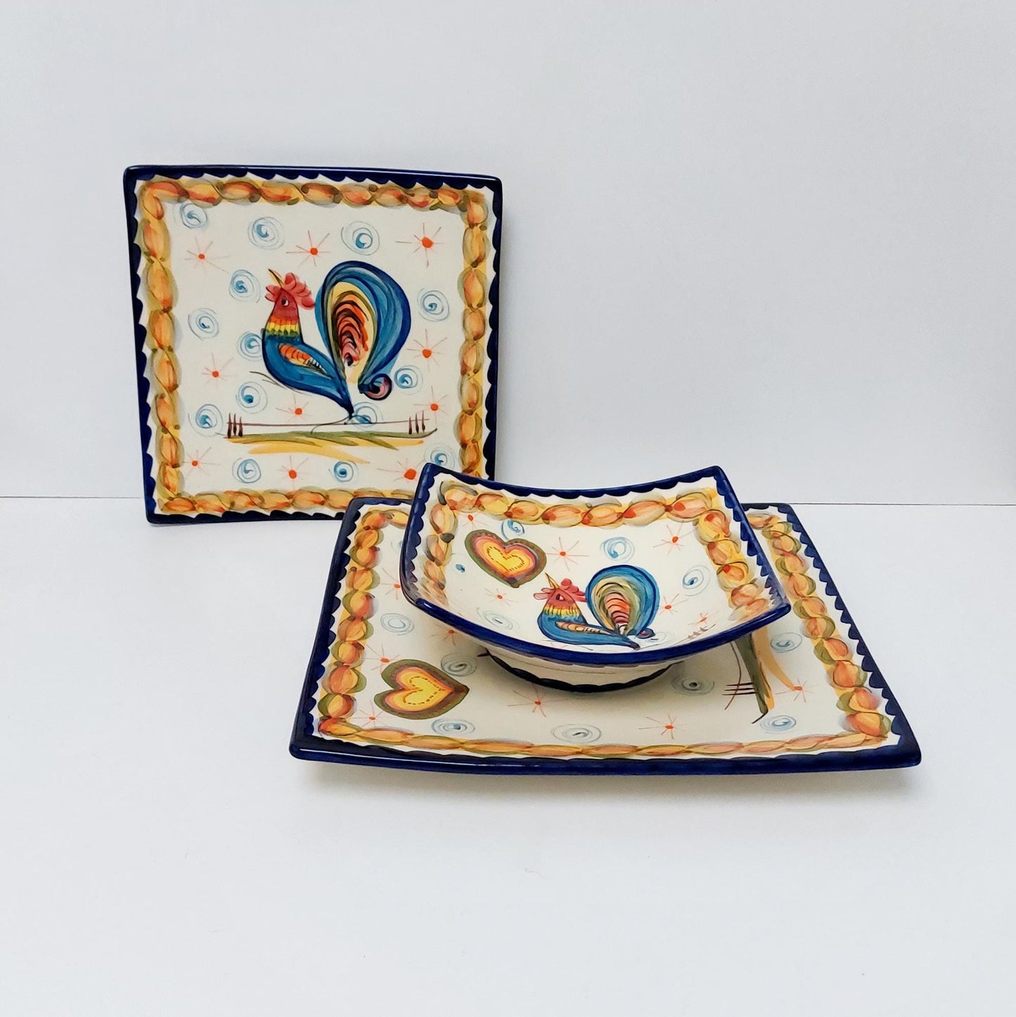 Hand-Painted Portuguese Ceramic Plate Set, Rooster and Hearts