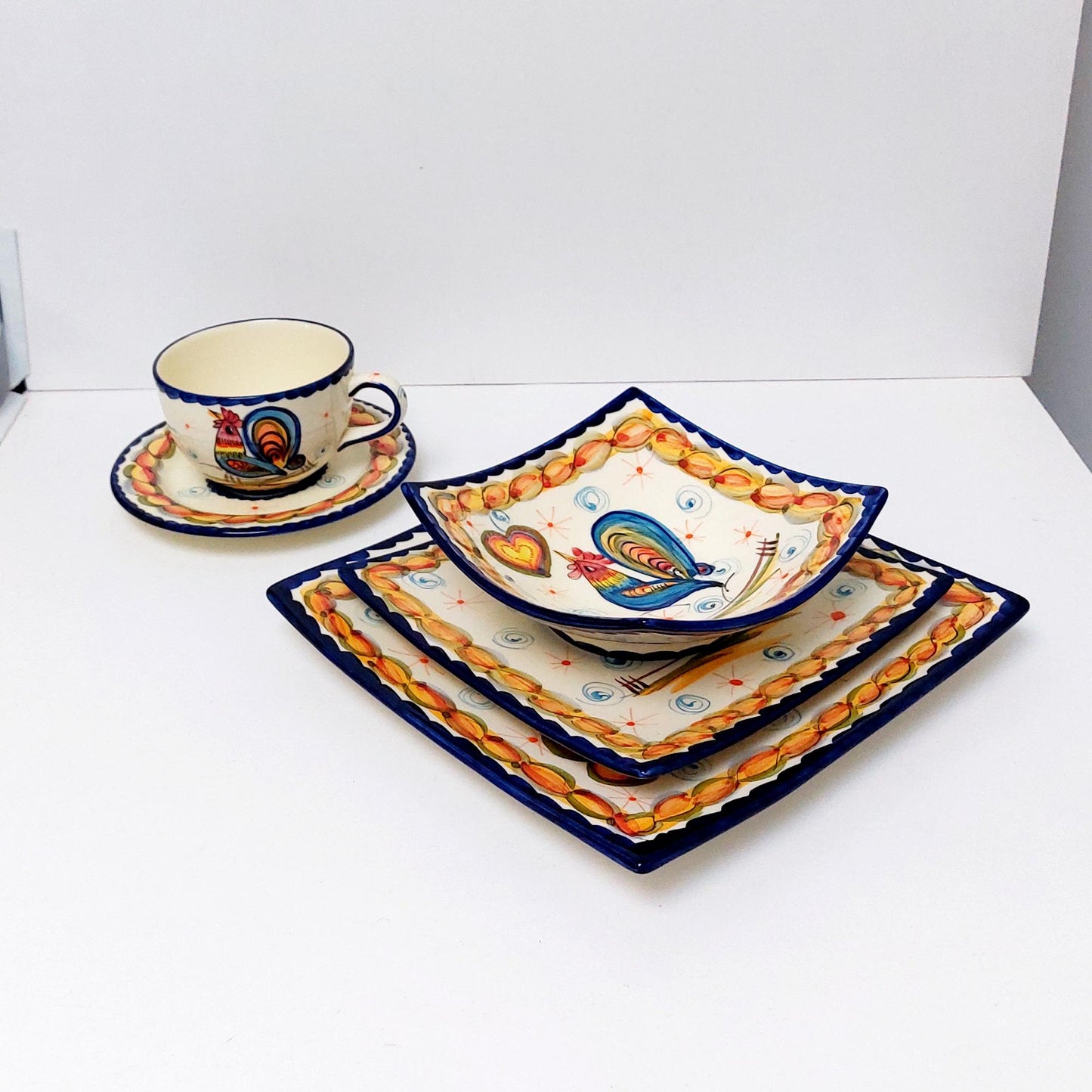 Hand-Painted Portuguese Ceramic Plate Set, Rooster Design