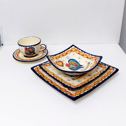 Hand-Painted Portuguese Ceramic Plate Set, Rooster Design