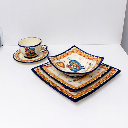Hand-Painted Portuguese Ceramic Plate Set, Rooster Design