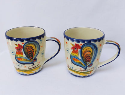 Hand-Painted Portuguese Ceramic Plate Set, Rooster & Hearts Design