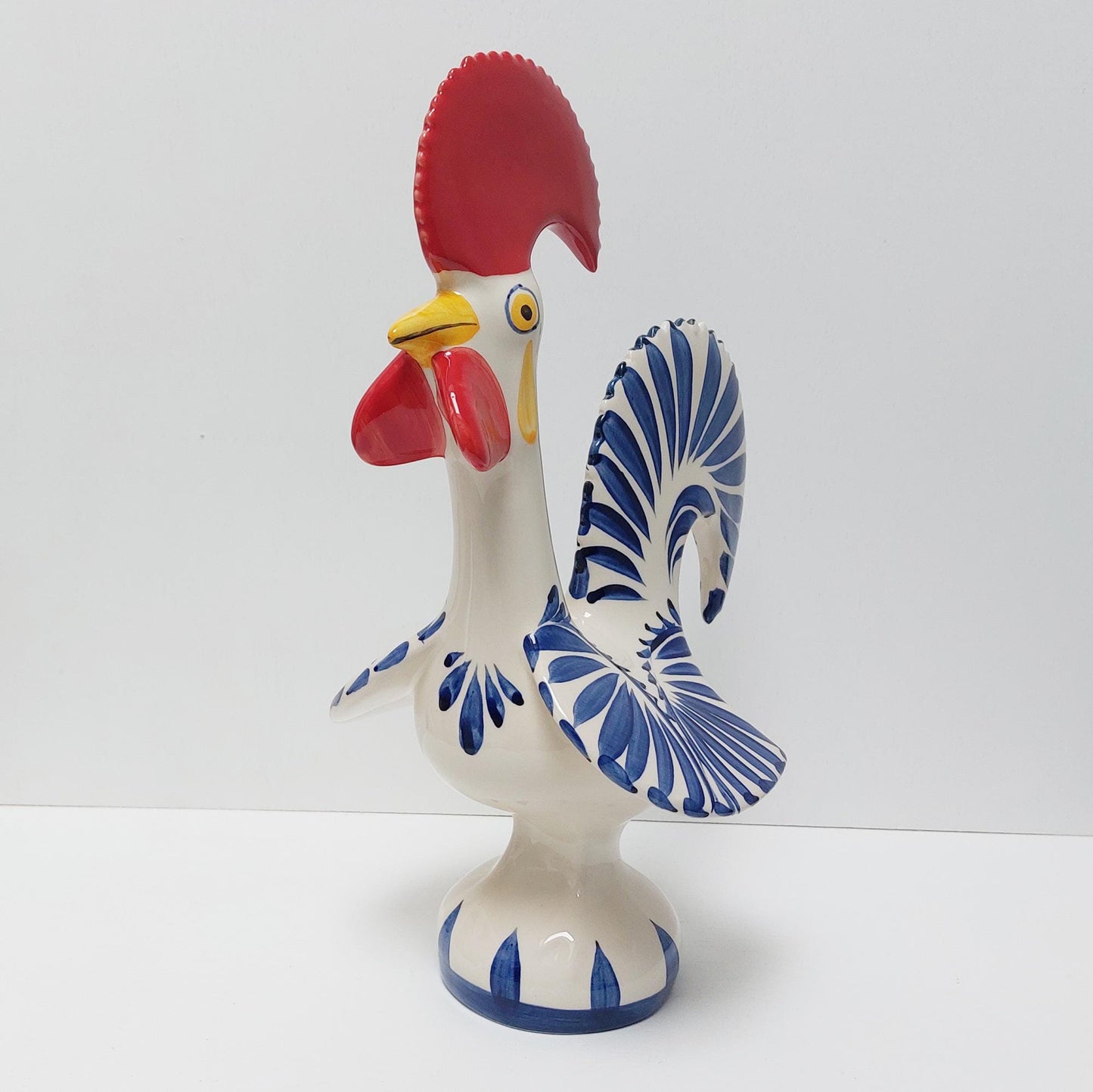 Hand-Painted Ceramic Portuguese Rooster Figurine, White and Blue Cobalt, Size L