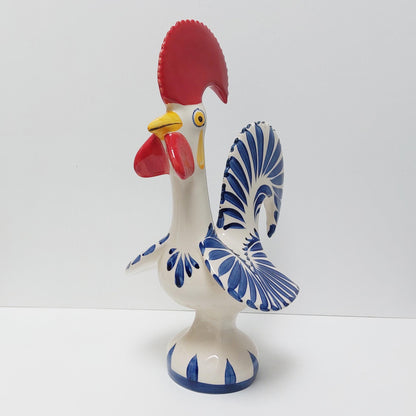 Hand-Painted Ceramic Portuguese Rooster Figurine, White and Blue Cobalt, Size L
