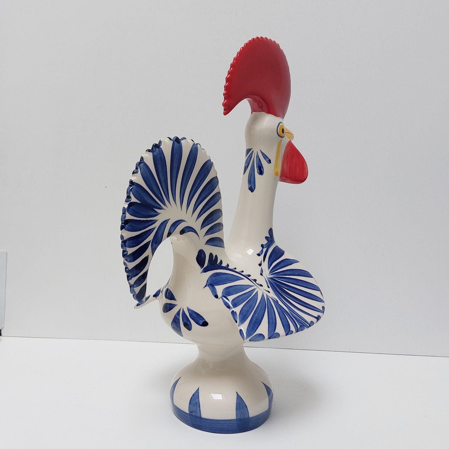 Hand-Painted Ceramic Portuguese Rooster Figurine, White and Blue Cobalt, Size L
