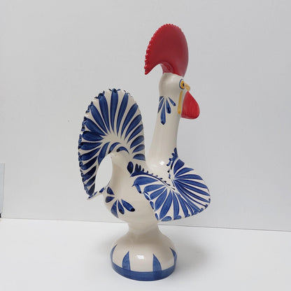 Hand-Painted Ceramic Portuguese Rooster Figurine, White and Blue Cobalt, Size L