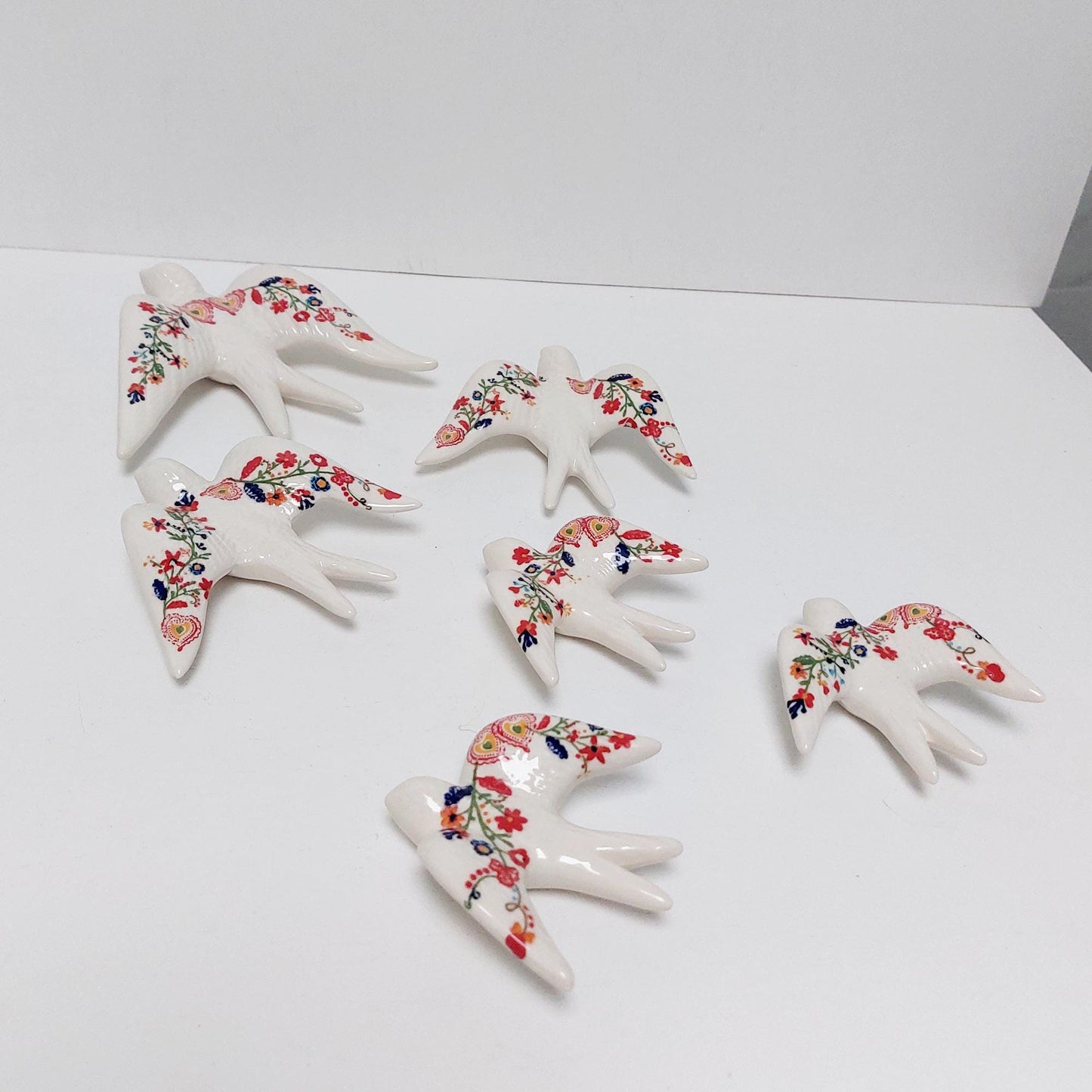 Hand-Painted Ceramic Swallow Wall Decor, Portuguese Floral Design, Set of 6