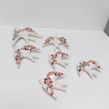 Hand-Painted Ceramic Swallow Wall Decor, Portuguese Floral Design, Set of 6
