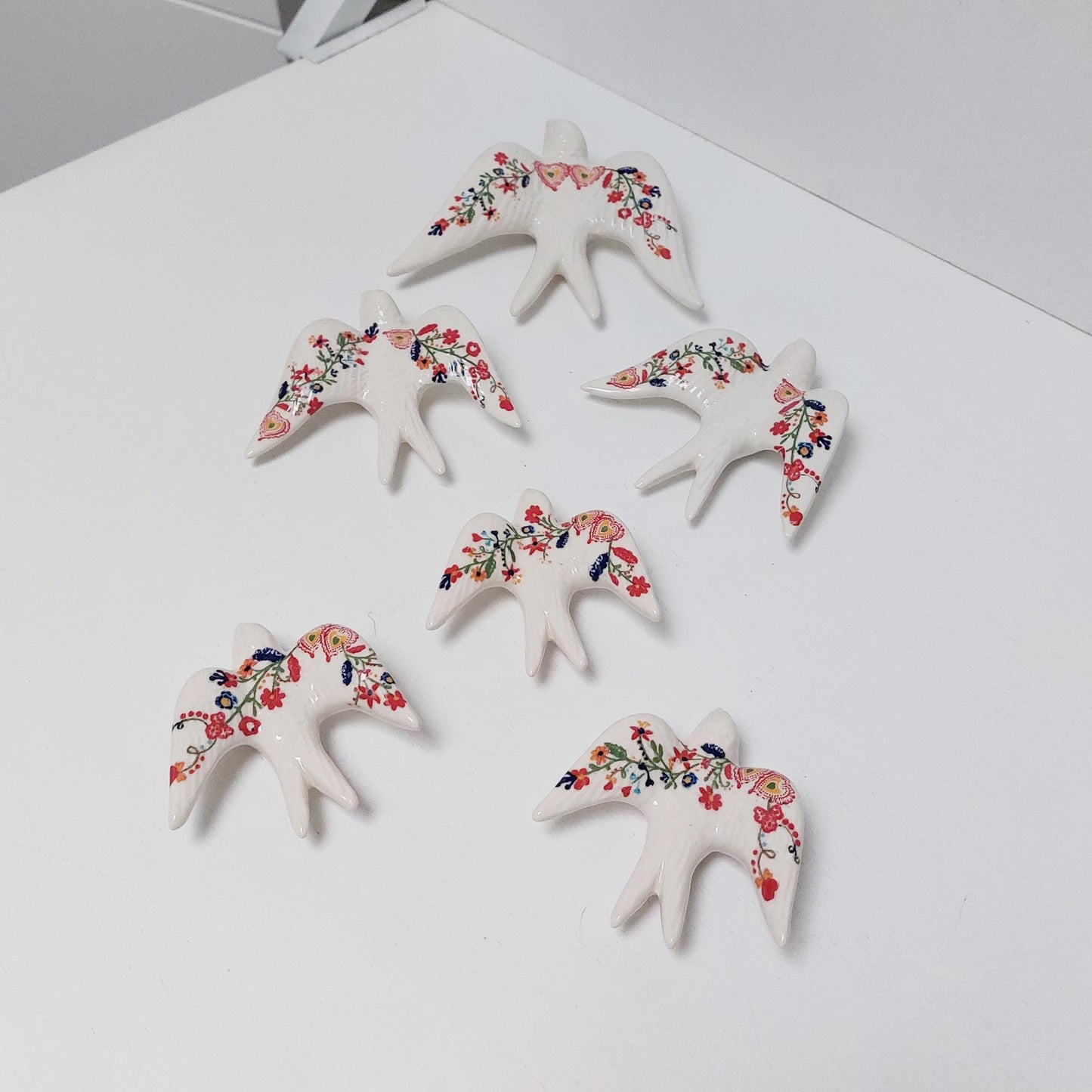 Hand-Painted Ceramic Swallow Wall Decor, Portuguese Floral Design, Set of 6