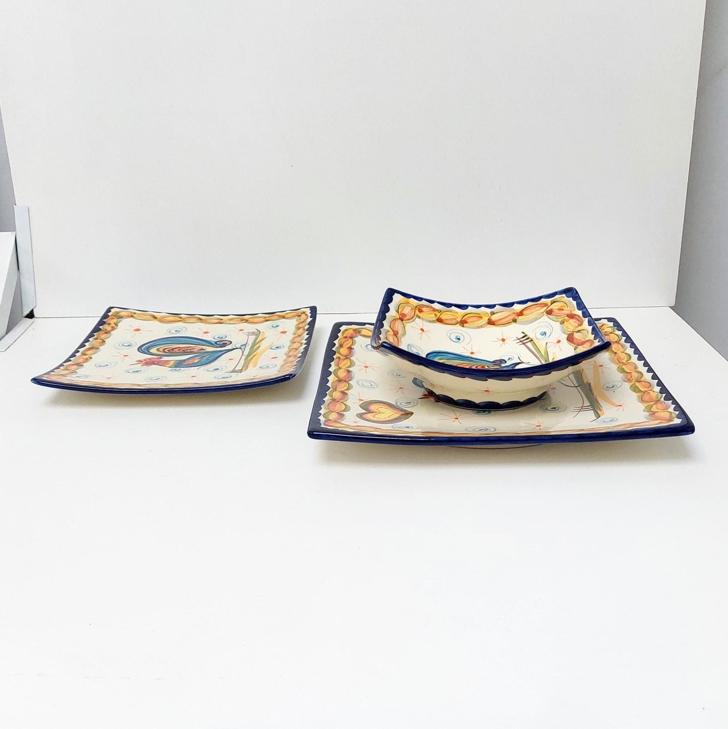 Hand-Painted Portuguese Ceramic Plate Set, Rooster and Hearts
