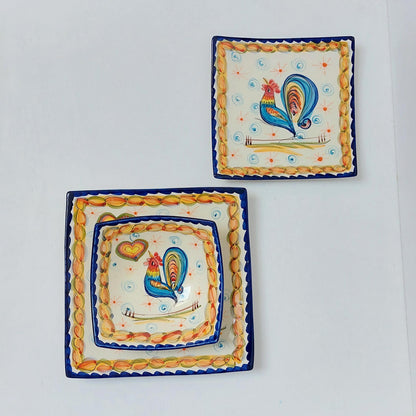 Hand-Painted Portuguese Ceramic Plate Set, Rooster and Hearts