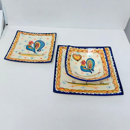 Hand-Painted Portuguese Ceramic Plate Set, Rooster and Hearts