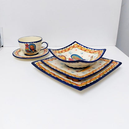 Hand-Painted Portuguese Ceramic Plate Set, Rooster Design
