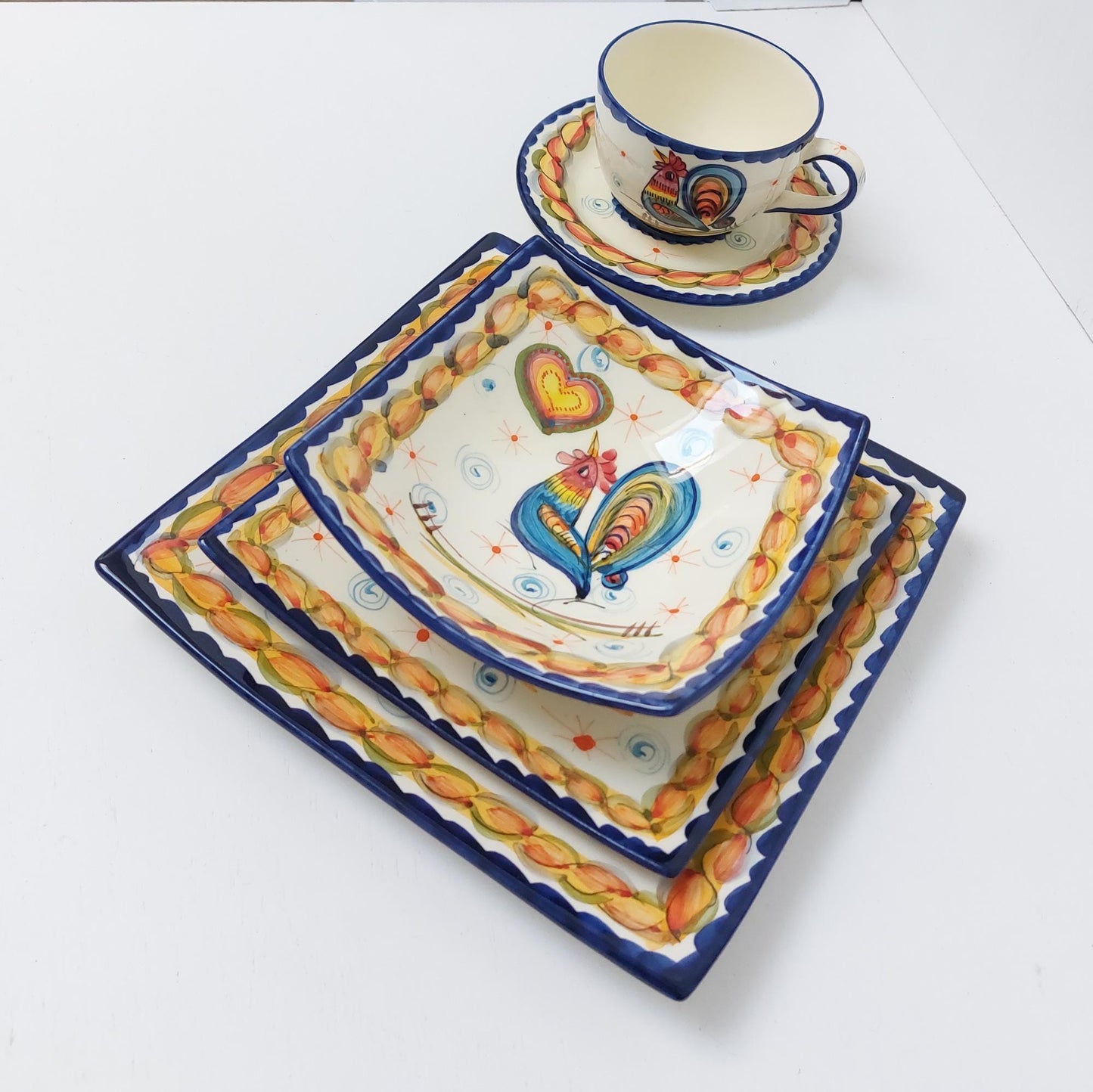 Hand-Painted Portuguese Ceramic Plate Set, Rooster Design