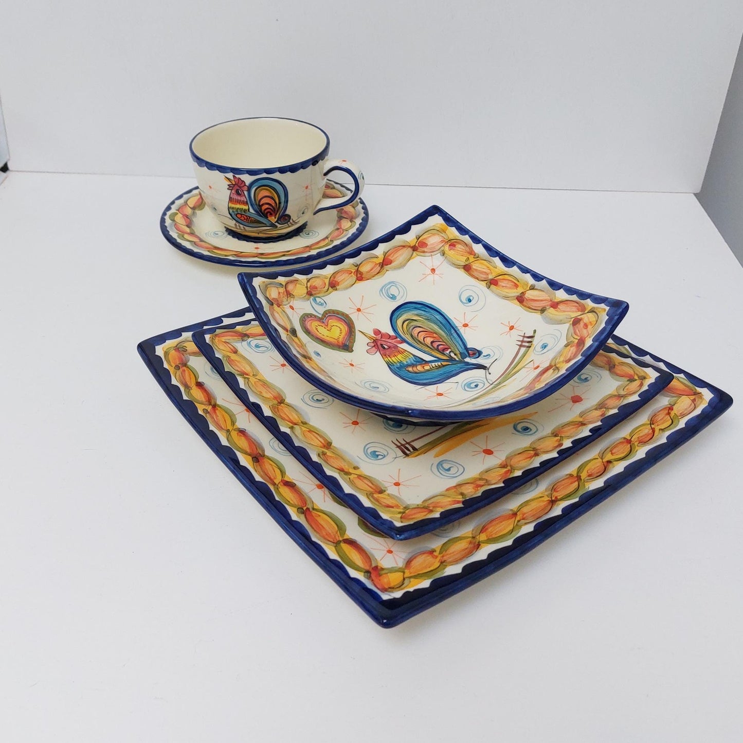 Hand-Painted Portuguese Ceramic Plate Set, Rooster Design