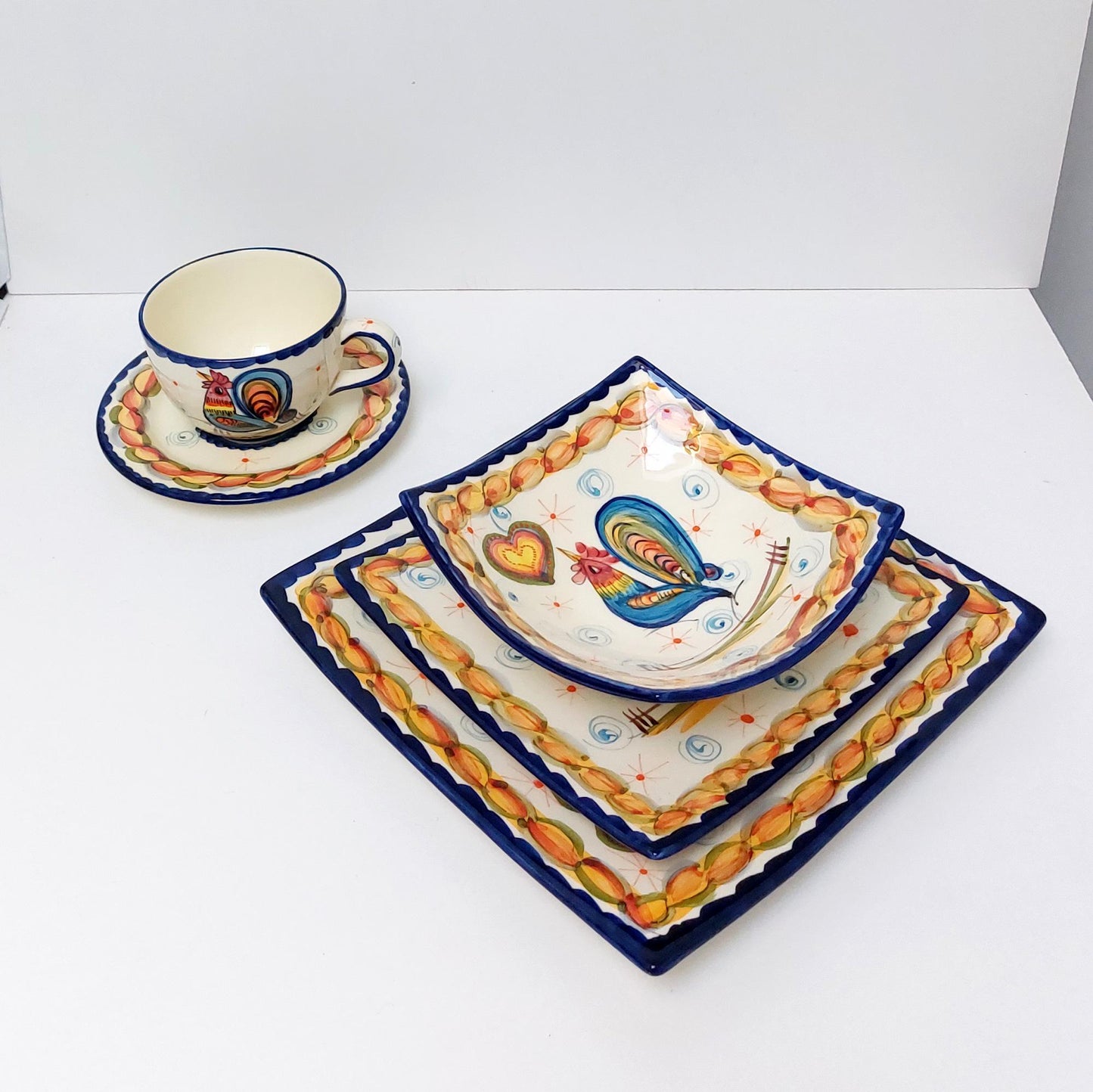 Hand-Painted Portuguese Ceramic Plate Set, Rooster Design