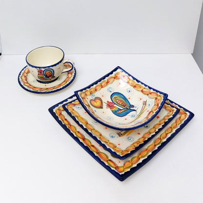 Hand-Painted Portuguese Ceramic Plate Set, Rooster Design