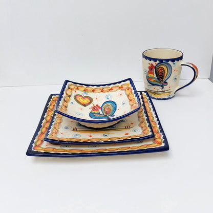 Hand-Painted Portuguese Ceramic Plate Set, Rooster & Hearts Design