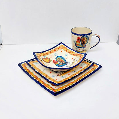Hand-Painted Portuguese Ceramic Plate Set, Rooster & Hearts Design