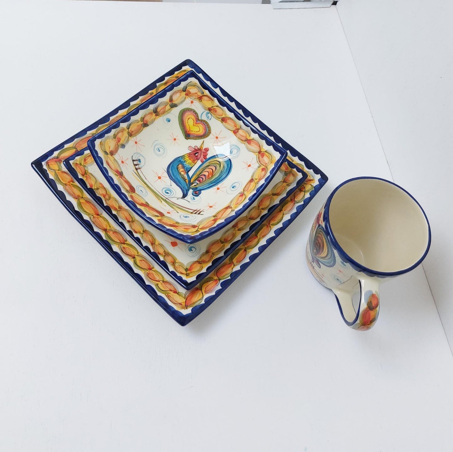 Hand-Painted Portuguese Ceramic Plate Set, Rooster & Hearts Design