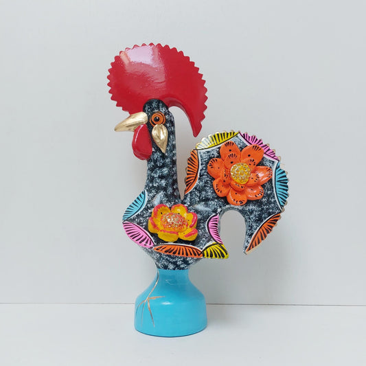 Hand Painted Ceramic Barcelos Rooster, 3D Floral Accent
