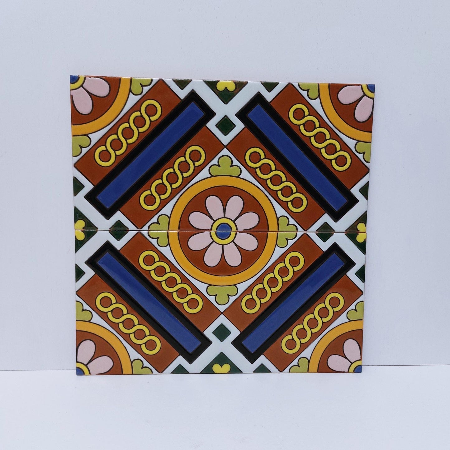 Hand-Painted Ceramic Tile Mural, Cuerda Seca Art, 11"x11" (2 Pieces)