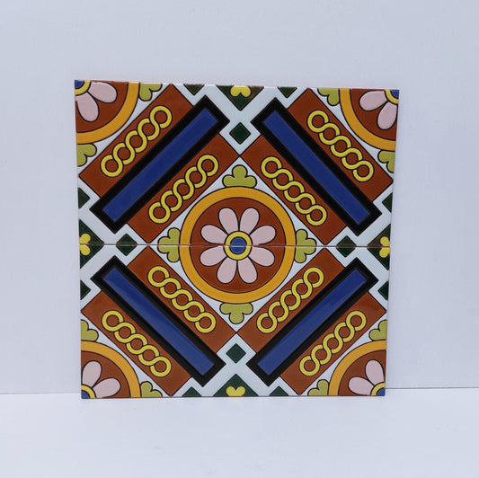 Hand-Painted Ceramic Tile Mural, Cuerda Seca Art, 11"x11" (2 Pieces)