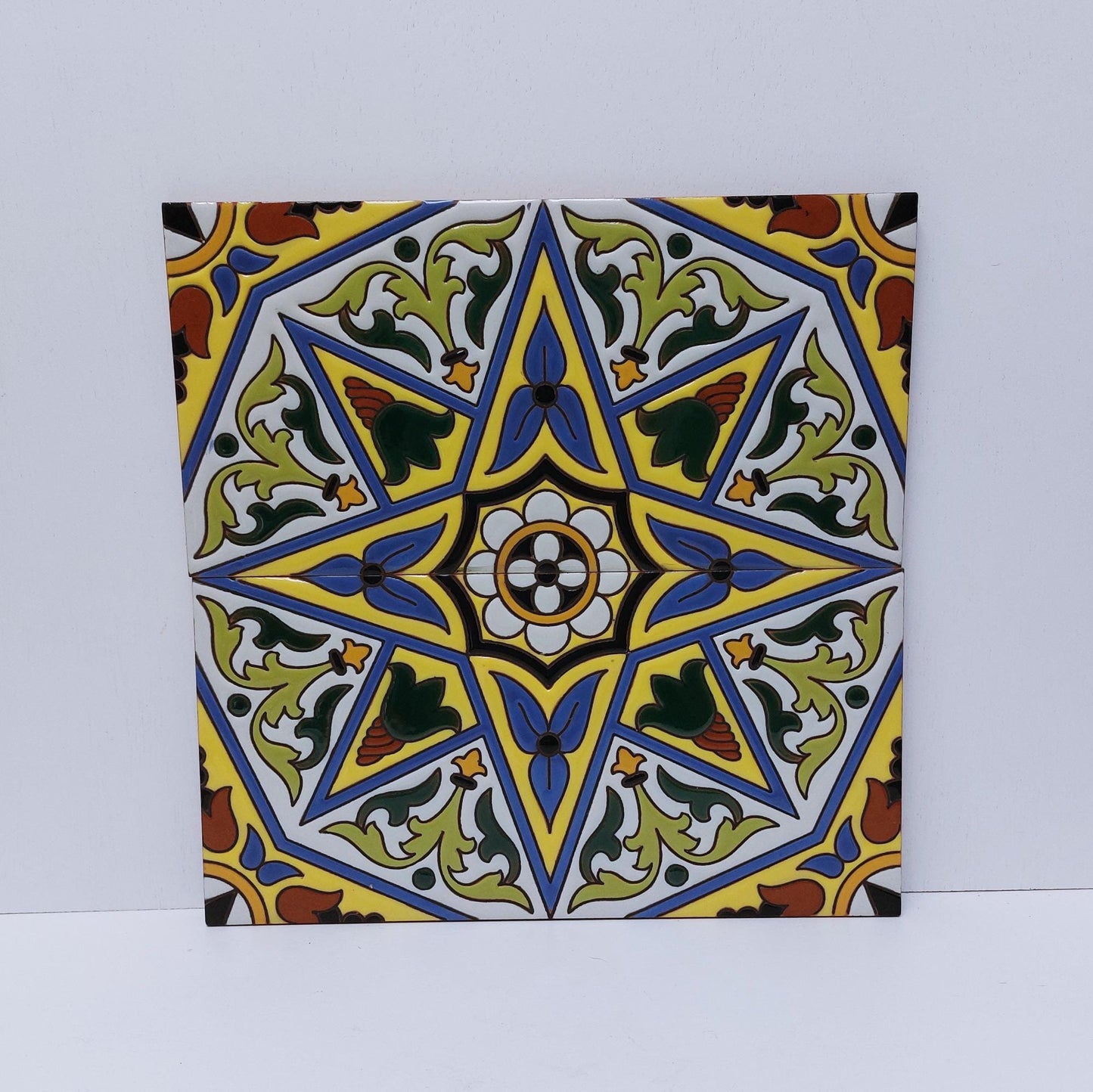 Hand Painted Ceramic Tile Mural, Cuerda Seca Art, 11x11