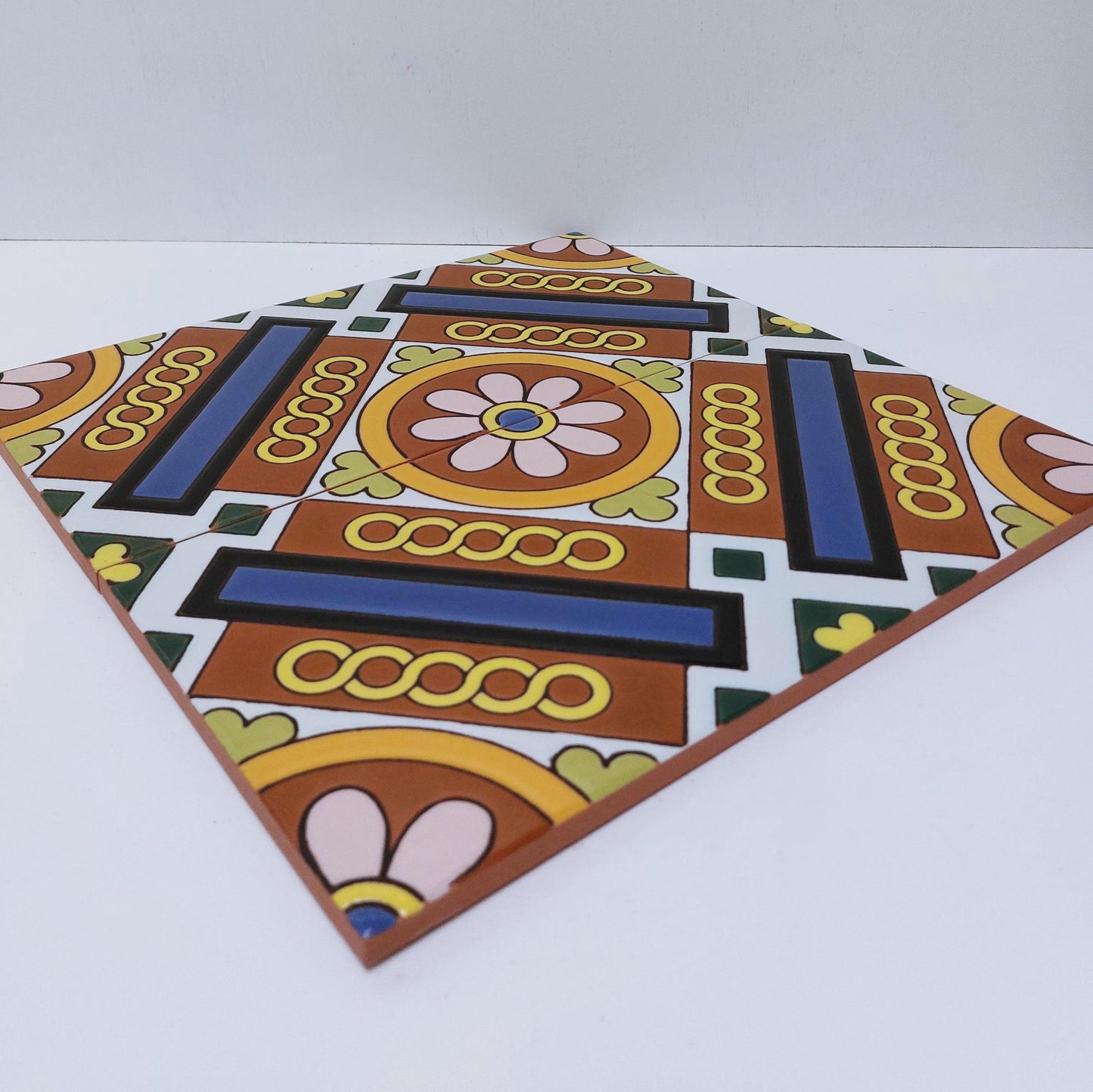 Hand-Painted Ceramic Tile Mural, Cuerda Seca Art, 11"x11" (2 Pieces)