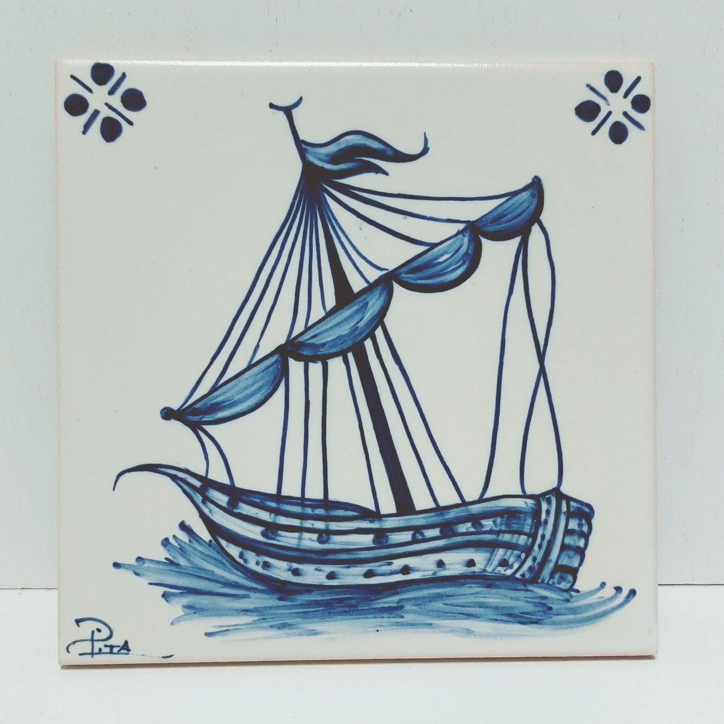 Hand-Painted Portuguese Tile, Caravel Ship Design, Wall Decor (15cm)