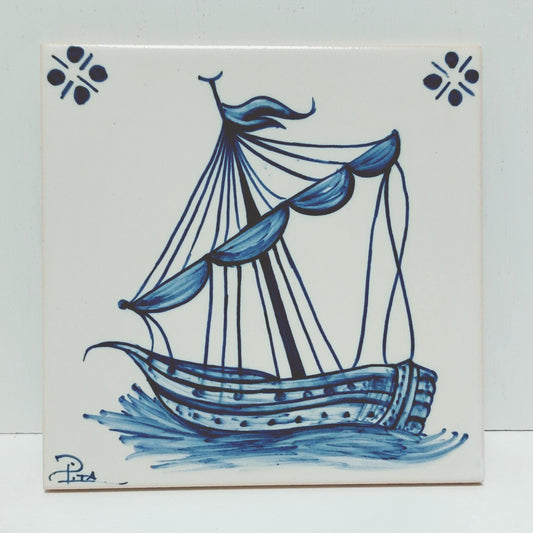 Hand-Painted Portuguese Tile, Caravel Ship Design, Wall Decor (15cm)