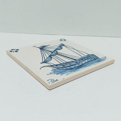 Hand-Painted Portuguese Tile, Caravel Ship Design, Wall Decor (15cm)