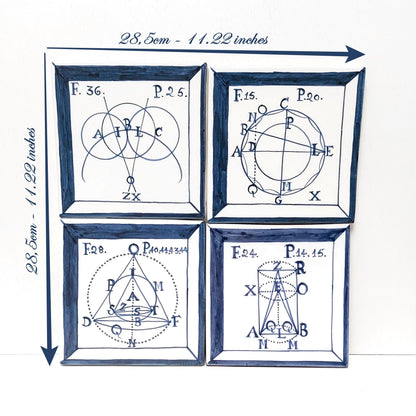 Hand-Painted Portuguese Tile Mural, Math Geometry Decor, 4 Piece