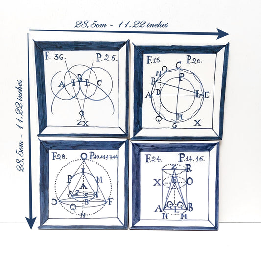 Hand-Painted Portuguese Tile Mural, Math Geometry Decor, 4 Piece
