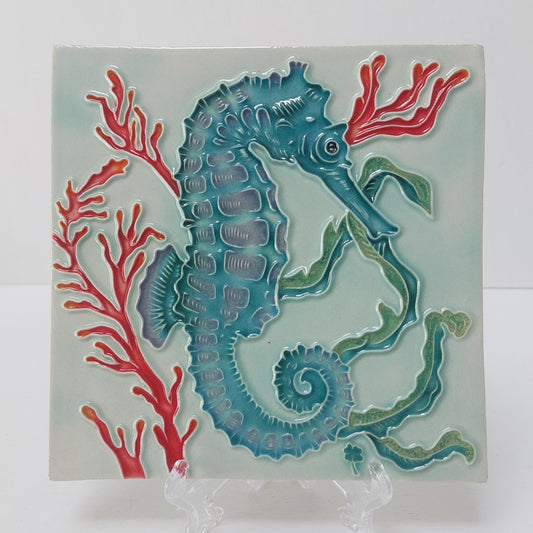 Hand-Painted Portuguese Ceramic Tile, Seahorse Ocean Art (5.51"x5.51")