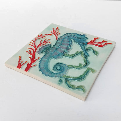 Hand-Painted Portuguese Ceramic Tile, Seahorse Ocean Art (5.51"x5.51")