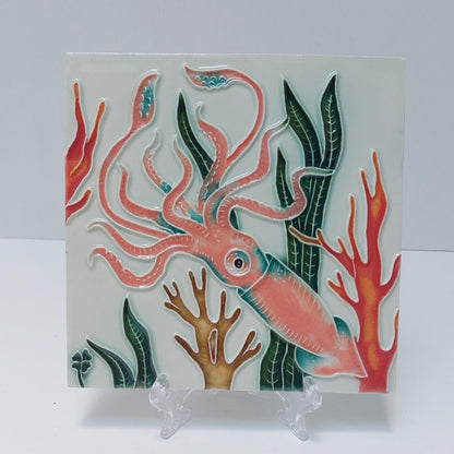 Hand-Painted Portuguese Ceramic Tile, Ocean Squid Wall Art