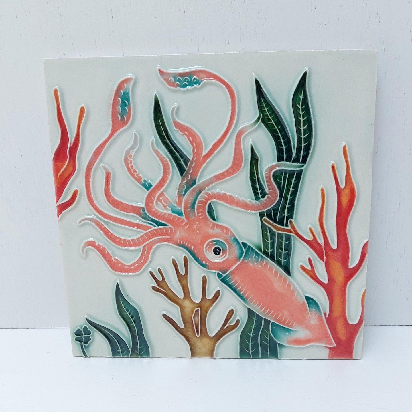 Hand-Painted Portuguese Ceramic Tile, Ocean Squid Wall Art