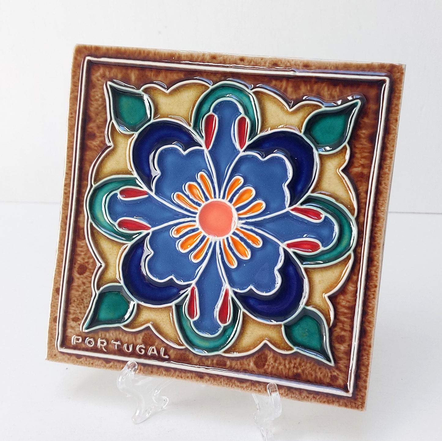 Hand-Painted Portuguese Ceramic Tile, Floral Wall Art (5.51"x5.51")