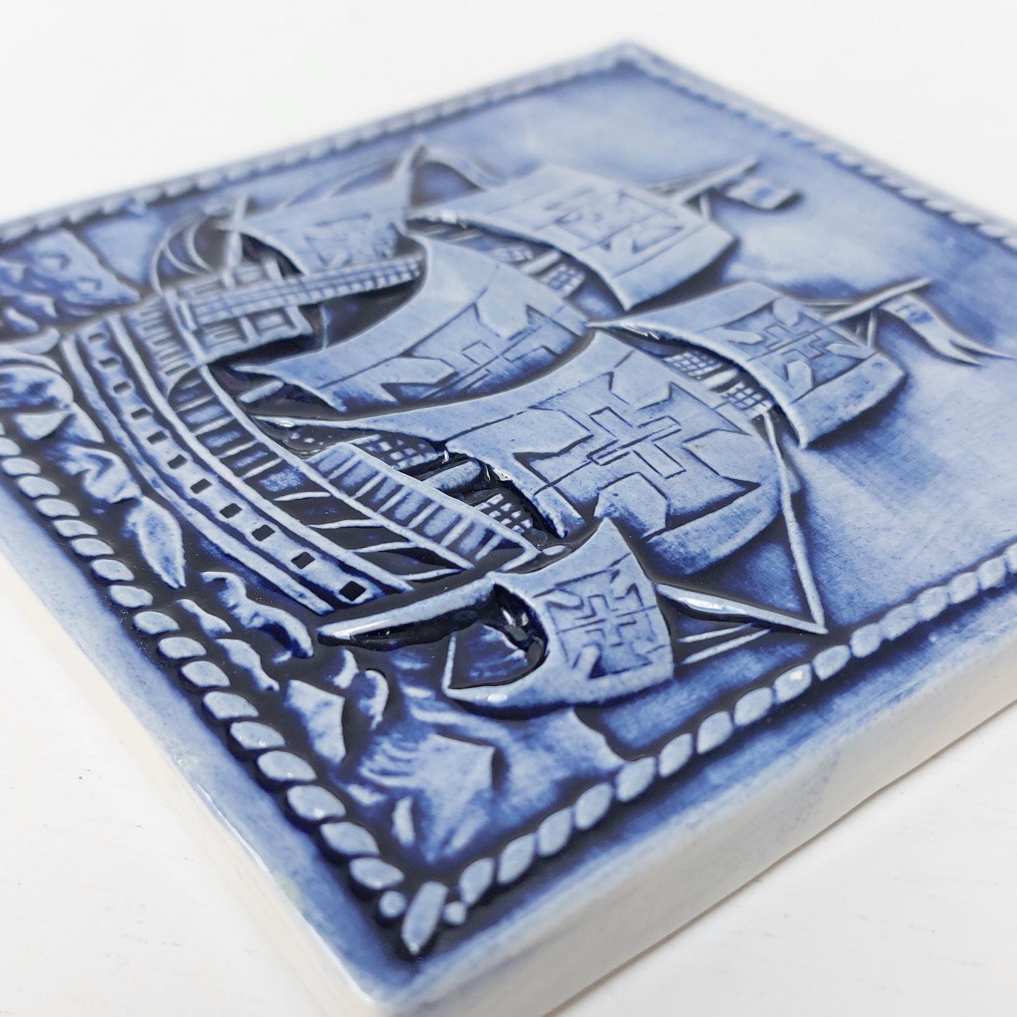 Hand-Painted Portuguese Ceramic Tile, Ship Wall Decor (5.51"x5.51")