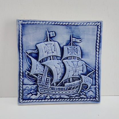 Hand-Painted Portuguese Ceramic Tile, Ship Wall Decor (5.51"x5.51")
