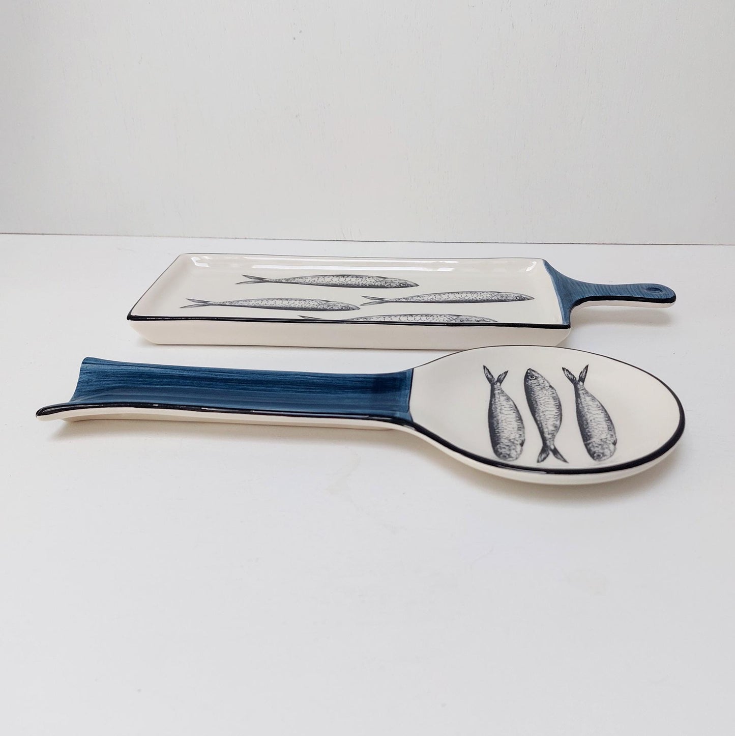 Portuguese Ceramic Sardine Appetizer Tray and Spoon Rest Set