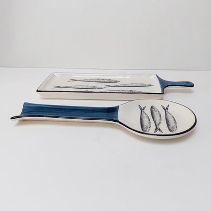 Portuguese Ceramic Sardine Appetizer Tray and Spoon Rest Set