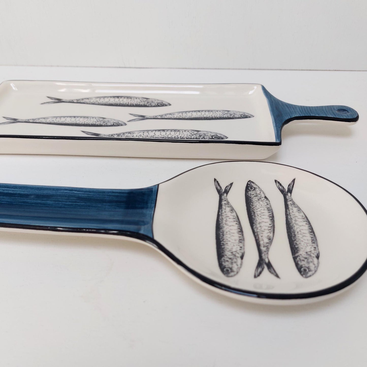 Portuguese Ceramic Sardine Appetizer Tray and Spoon Rest Set