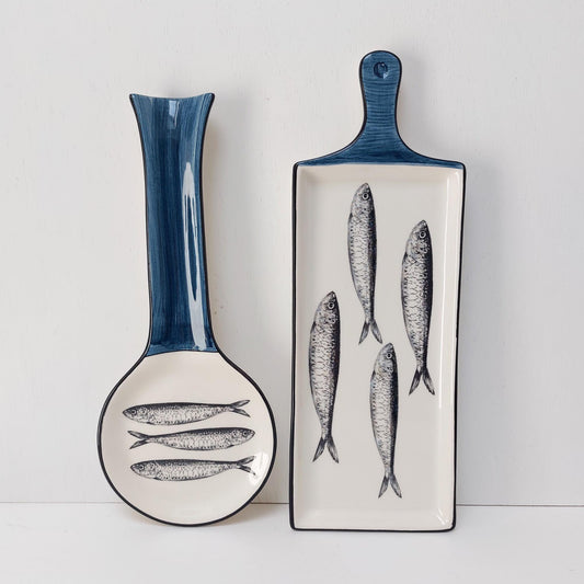Portuguese Ceramic Sardine Appetizer Tray and Spoon Rest Set
