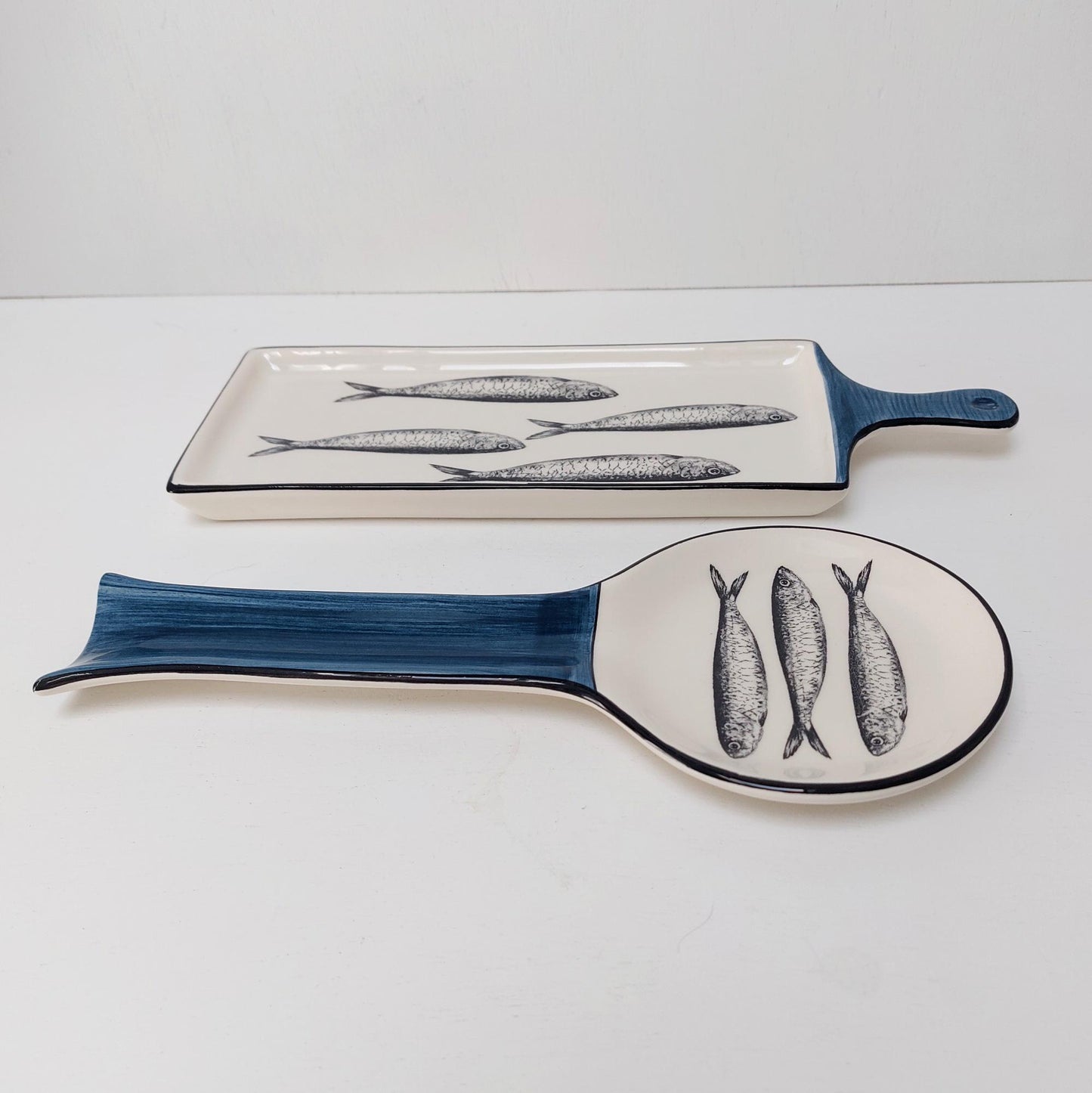 Portuguese Ceramic Sardine Appetizer Tray and Spoon Rest Set